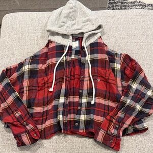 American Eagle Outfitters Red Plaid Button-Up Hoodie Shirt